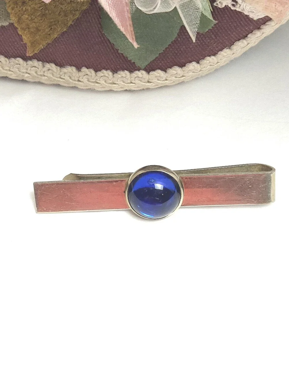 Vintage Gold Plated Cobalt Blue Glass Cabochon Tie Bar Clip or Money Clip